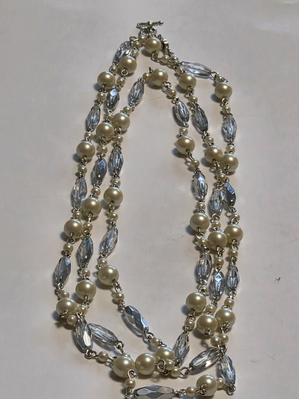 Vtg Monet 60" Faux Pearl & Clear Faceted Oval Bead Silver-Tone Station  Necklace